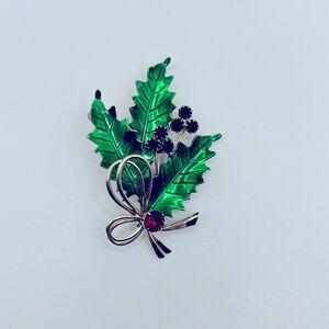 Vintage St. Labre Signed Holly Branch Christmas Brooch